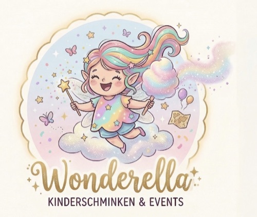 Wonderella Logo - Gezeichnete kleine Fee mit bunten Haaren